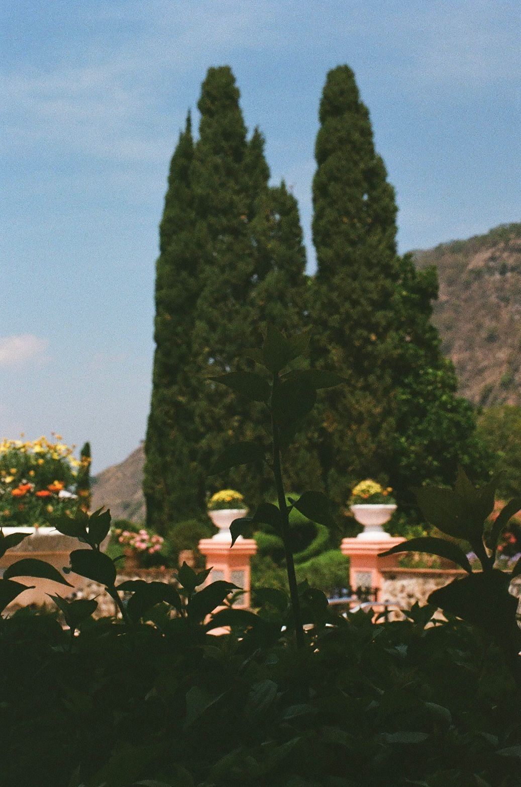 A clay pot on a terracotta terrace surrounded by garden